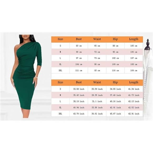 HOT One Shoulder 3/4 Sleeve Cocktail Party Ruched Midi Dress - New Green - Picture 5 of 6